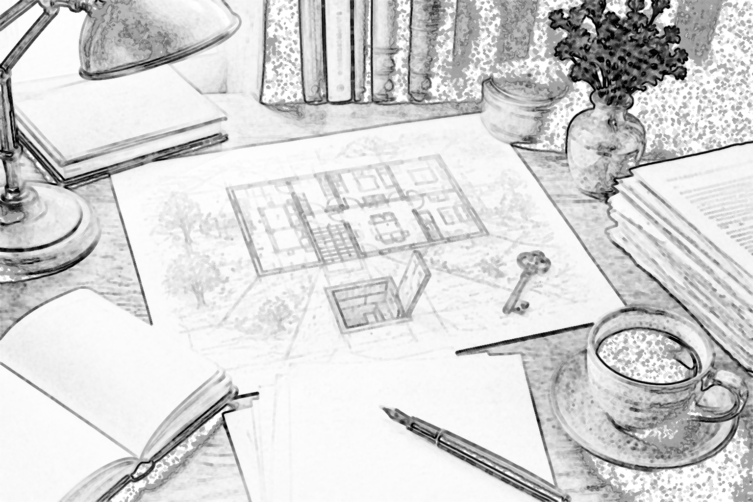 Illustration en noir et blanc d'un bureau d'écrivain, avec documents et notes de travail pour un thriller.